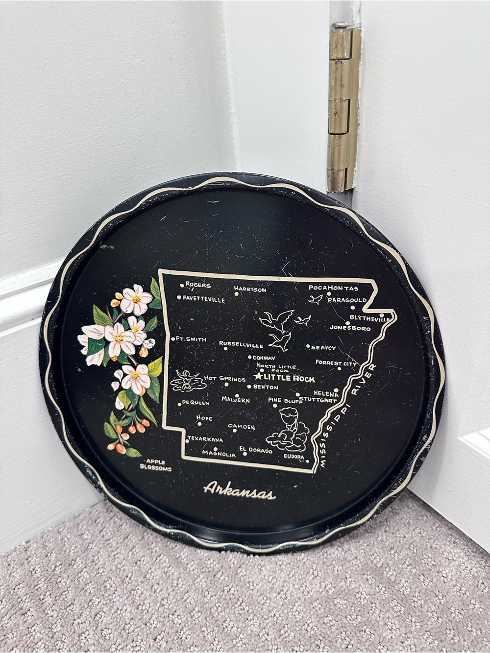 Vintage Arkansas State Map Souvenir Metal Tray Apple Blossoms 11”